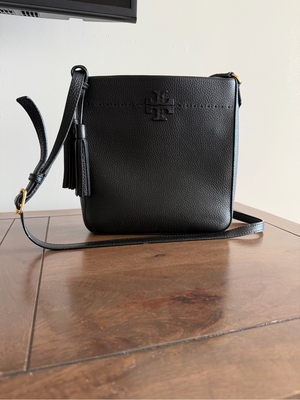 Tory Burch Black Pebbled Leather Tassel Crossbody